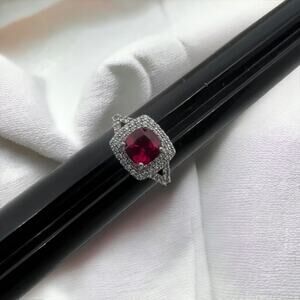 Sterling Silver 925 Ruby Red CZ Halo Ring Art Deco Style Size 6.5